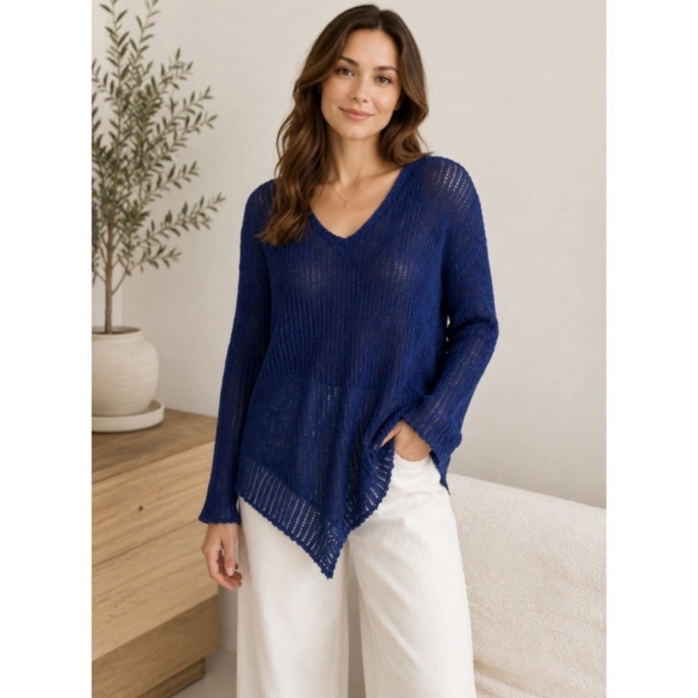 Eileen Fisher Navy Linen Blend Open Knit Asymmetrical V Neck Sweater Medium